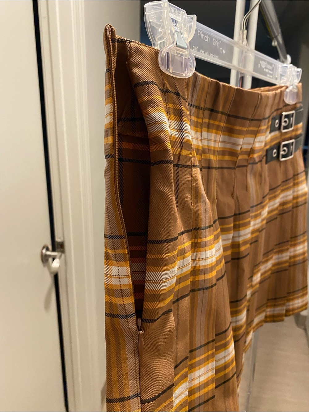 No Boundaries Brown Plaid Pleated Mini Skirt with Buckle Straps - Picture 9 of 9